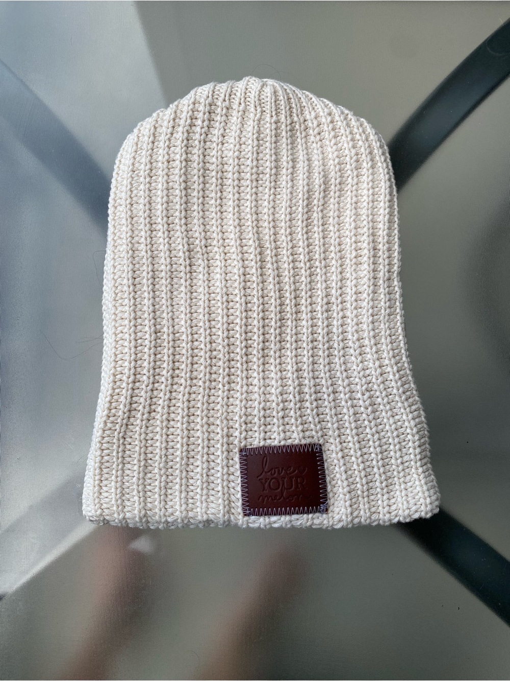 Love Your Melon Kids Cream Ribbed Knit Beanie with Brown Patch